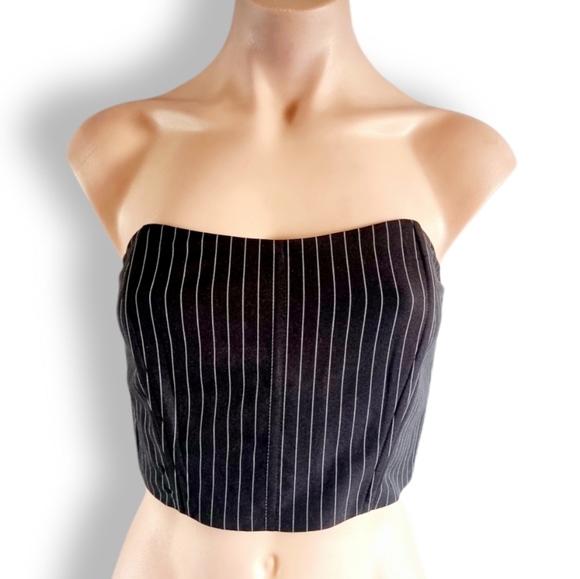 Tops - Black, pinstripe, zip-up corset crop top / boob tube / strapless top